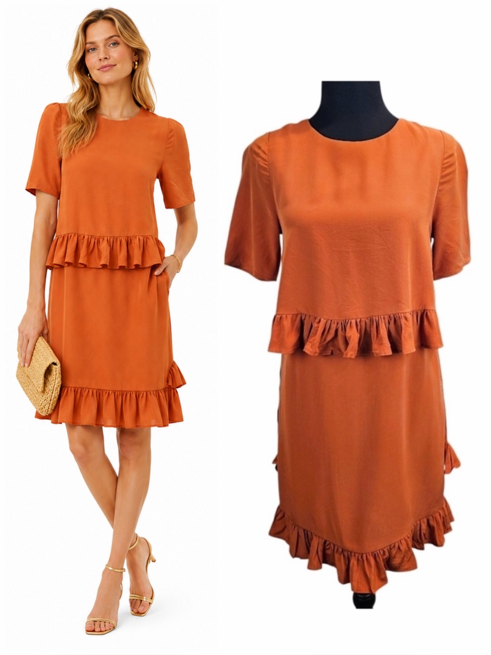Marie Oliver Women 100% Silk Lele Ruffle Dress XXS Rust Orange Romantic Designer